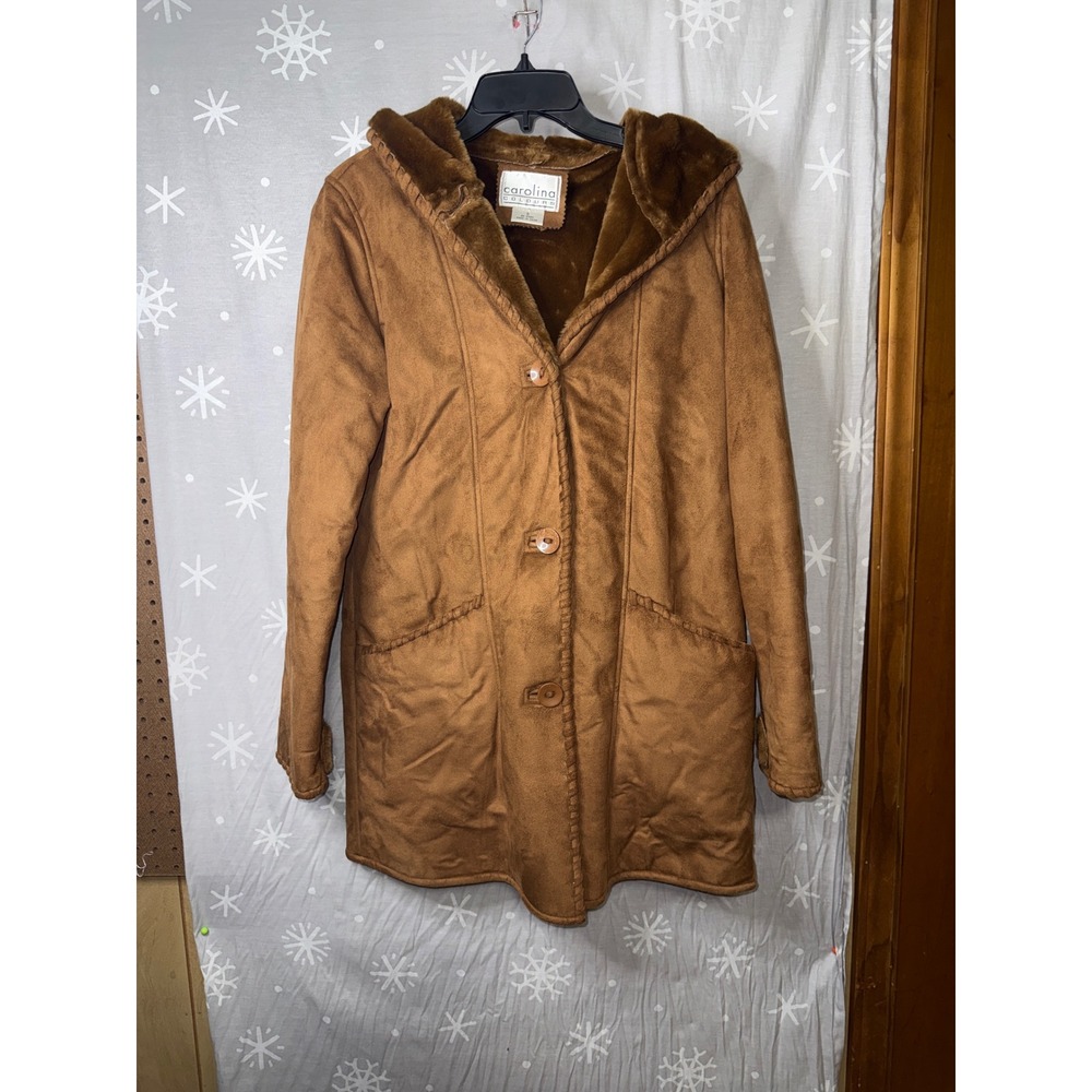 Carolina Colours Womens Tan Faux Suede Faux Fur Hooded Parka Coat Small RN 37080